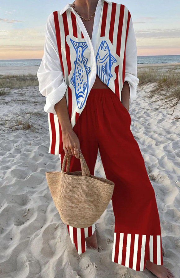 Eloise™ - Printed Linen Set with Red and Blue Fish