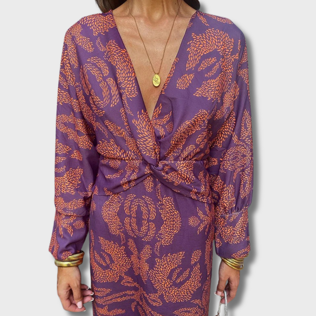 Nelly™ - Vintage V-Neck Long-Sleeve Elegant Dress