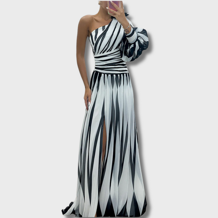 Pinky™ - Elegant Striped One Shoulder Maxi Dress