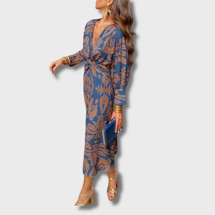 Nelly™ - Vintage V-Neck Long-Sleeve Elegant Dress