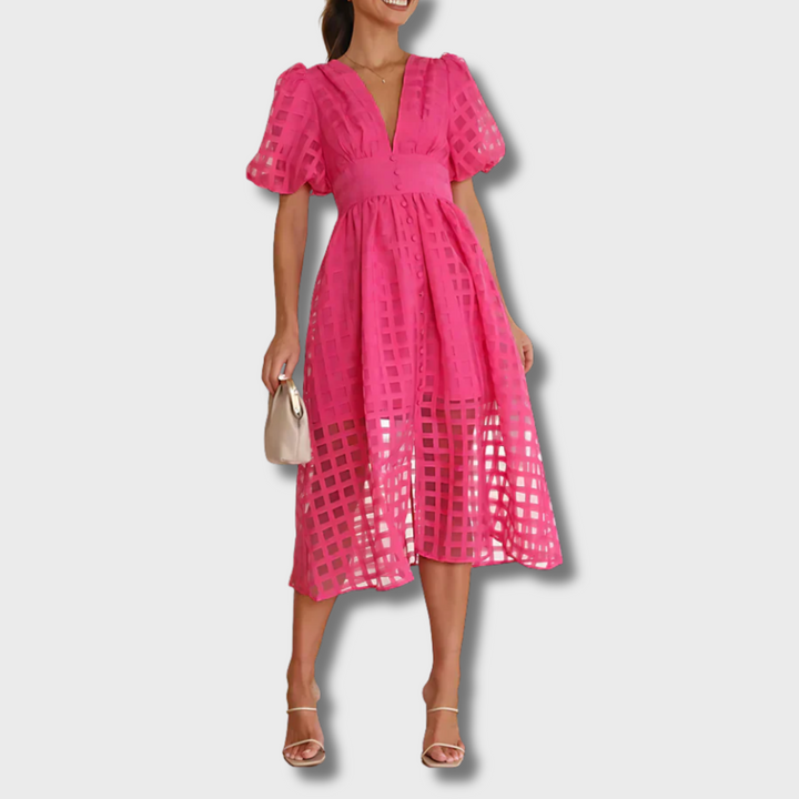 Mejica™ - Classic Patterned Puff Sleeve Midi Dress