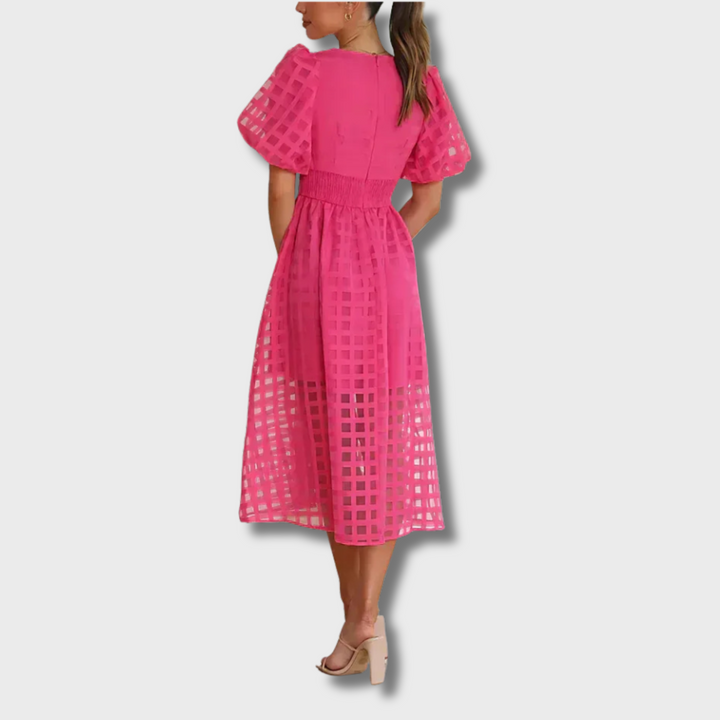 Mejica™ - Classic Patterned Puff Sleeve Midi Dress