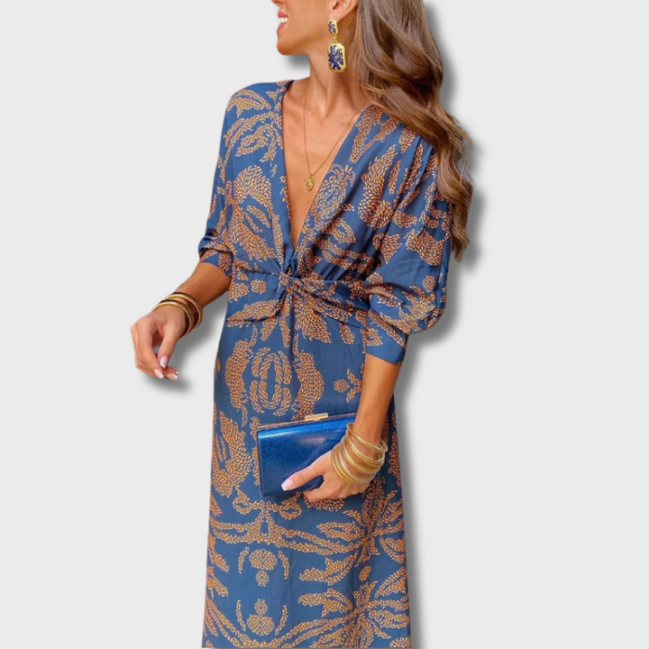 Nelly™ - Vintage V-Neck Long-Sleeve Elegant Dress