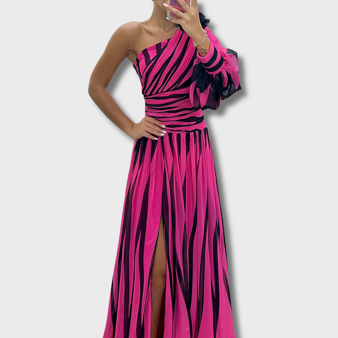 Pinky™ - Elegant Striped One Shoulder Maxi Dress
