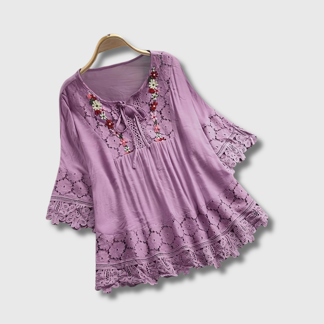 Marinela™ - Lace Patchwork V-Neck Blouse