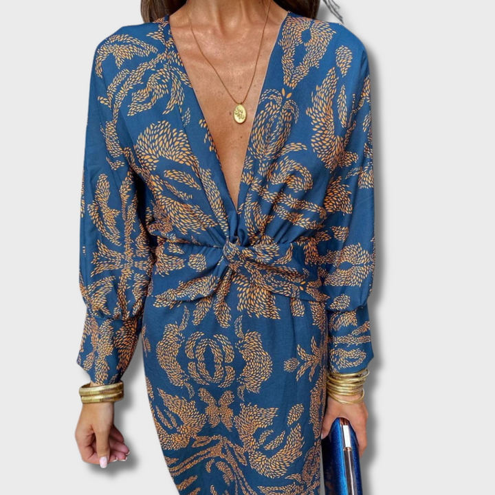 Nelly™ - Vintage V-Neck Long-Sleeve Elegant Dress