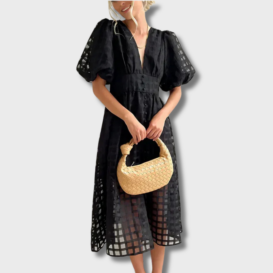 Mejica™ - Classic Patterned Puff Sleeve Midi Dress