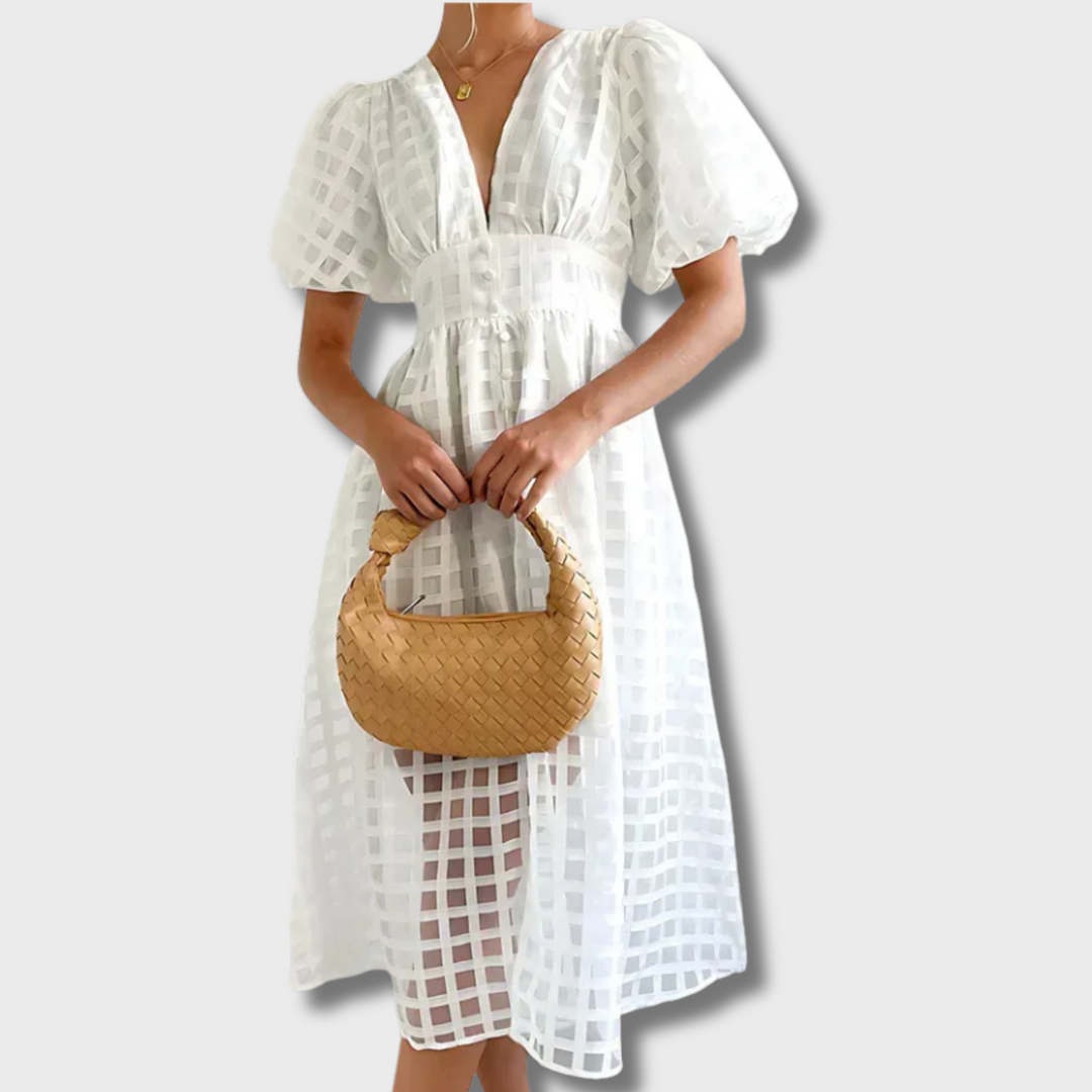 Mejica™ - Classic Patterned Puff Sleeve Midi Dress