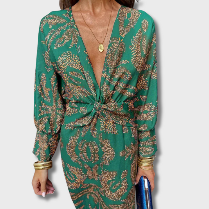 Nelly™ - Vintage V-Neck Long-Sleeve Elegant Dress