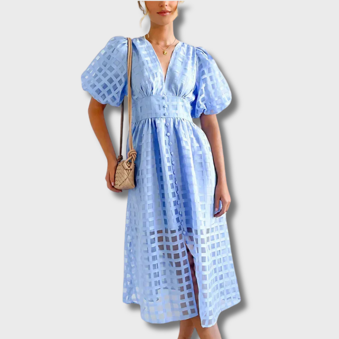 Mejica™ - Classic Patterned Puff Sleeve Midi Dress