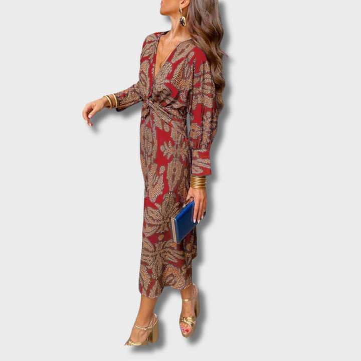 Nelly™ - Vintage V-Neck Long-Sleeve Elegant Dress