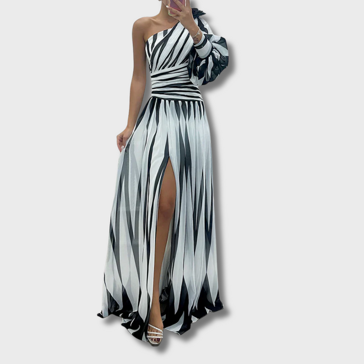 Pinky™ - Elegant Striped One Shoulder Maxi Dress