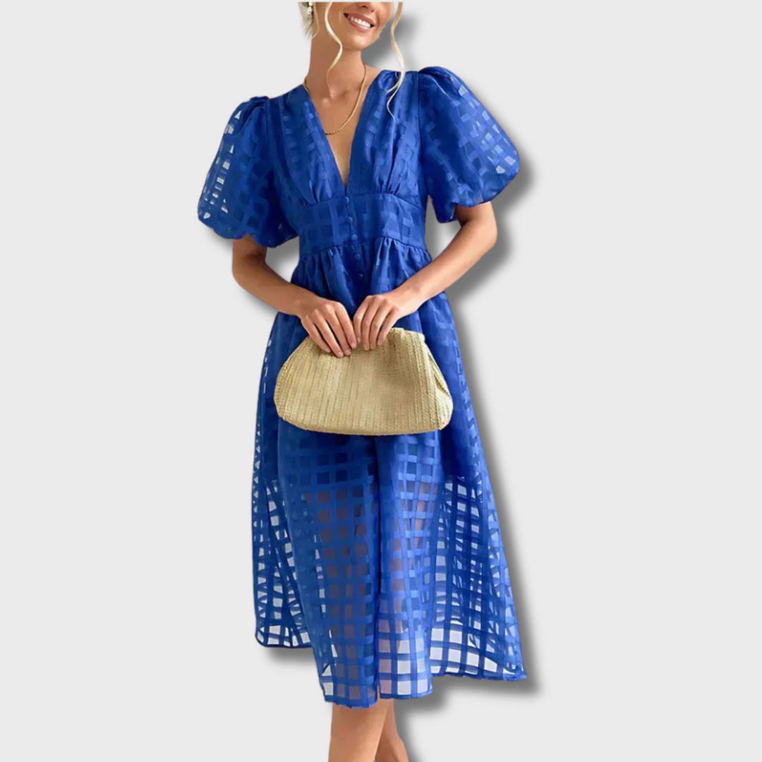 Mejica™ - Classic Patterned Puff Sleeve Midi Dress