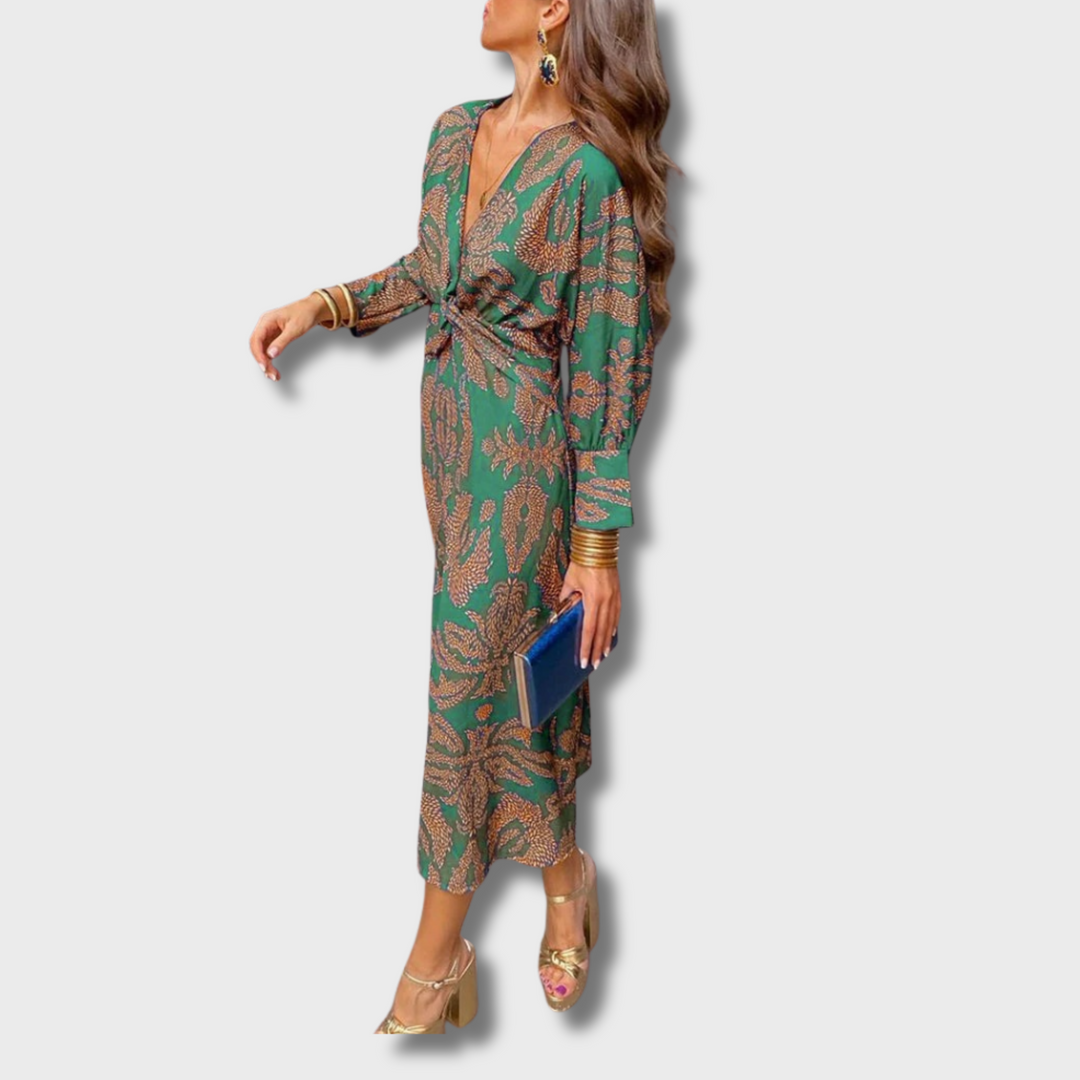 Nelly™ - Vintage V-Neck Long-Sleeve Elegant Dress