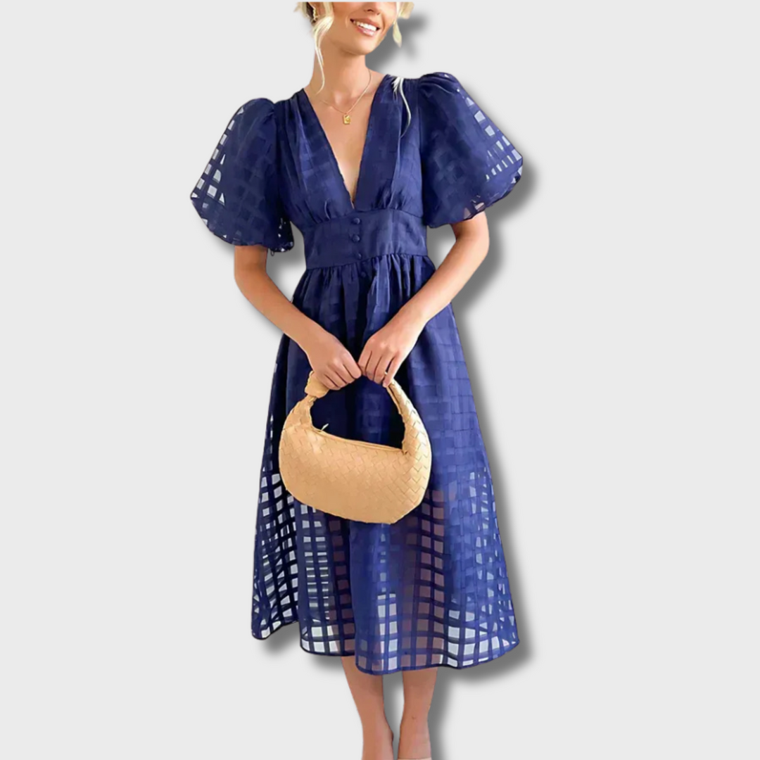 Mejica™ - Classic Patterned Puff Sleeve Midi Dress