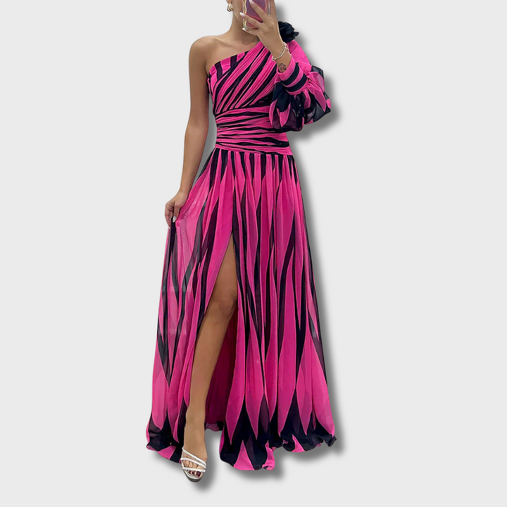 Pinky™ - Elegant Striped One Shoulder Maxi Dress