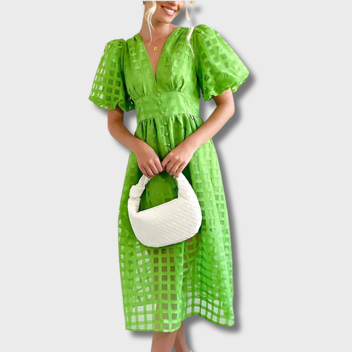 Mejica™ - Classic Patterned Puff Sleeve Midi Dress