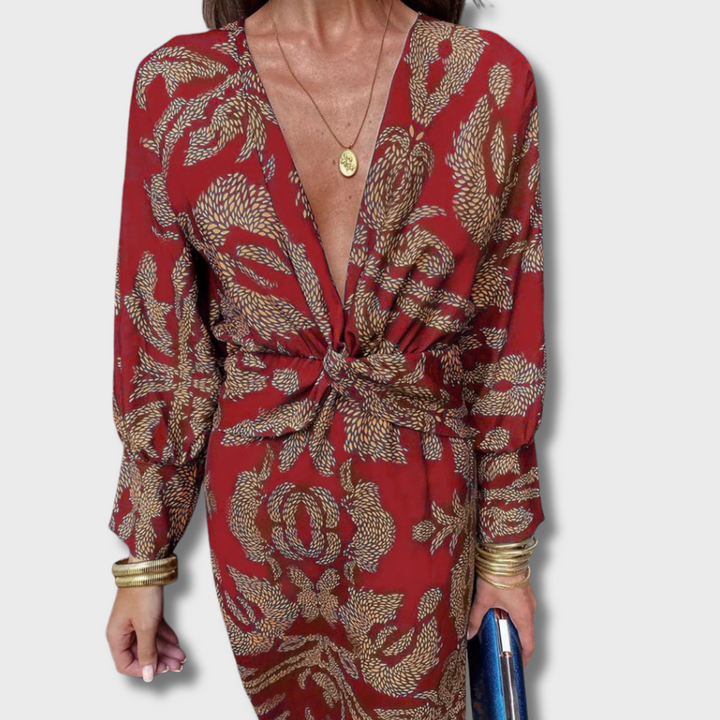 Nelly™ - Vintage V-Neck Long-Sleeve Elegant Dress