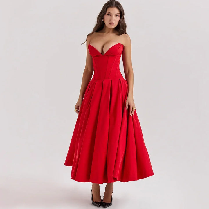 Rae™ - Sleek Strapless Pleated Midi Dress